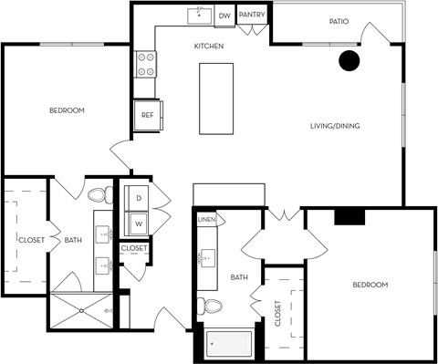 Floor plan for 2 beds, 2 baths, 1265 sqft